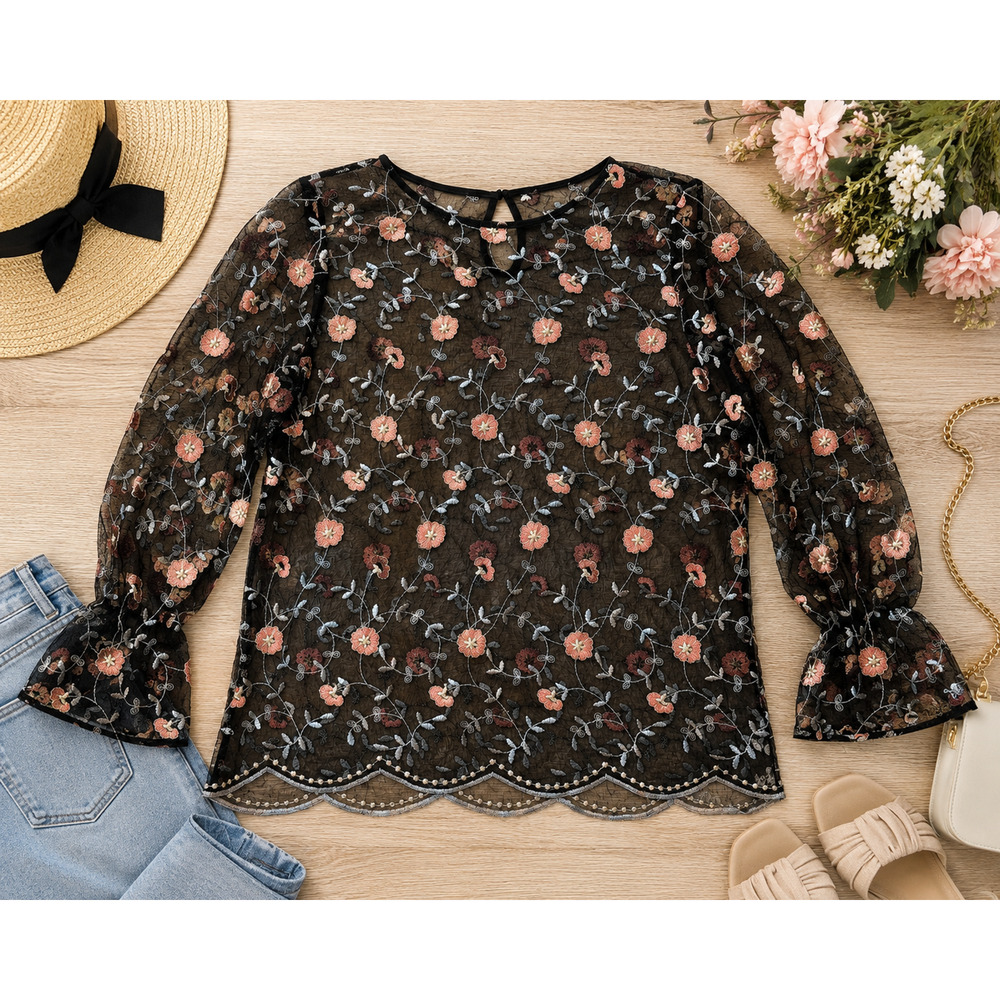 Black Sheer Mesh Embroidered Floral Blouse Scalloped Hem Boho Romantic Top
